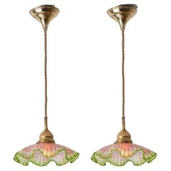 Pair of Art Deco Green Pink Skirt-shaped Glass and Brass Pendant Lights, 1930