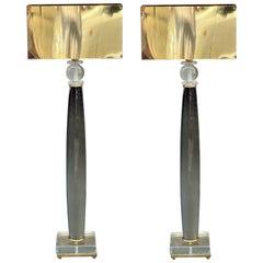 Pair of Art Deco Grey Murano Glass Table Lamps with Brass Lampshades, 1940s