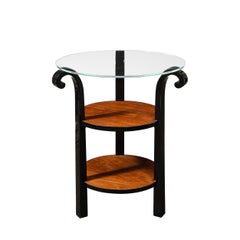 Pair of Art Deco Grosfeld House Side Tables in Black Lacquer & Walnut