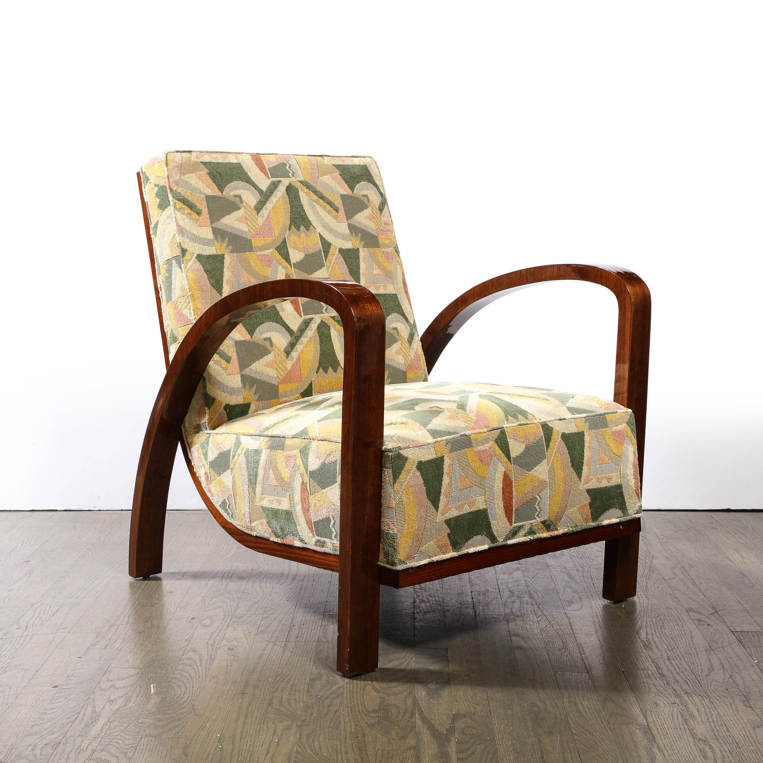 Pair of Art Deco Halabala Arm Chairs in Walnut & Rare Clarence House Fabric For Sale 8