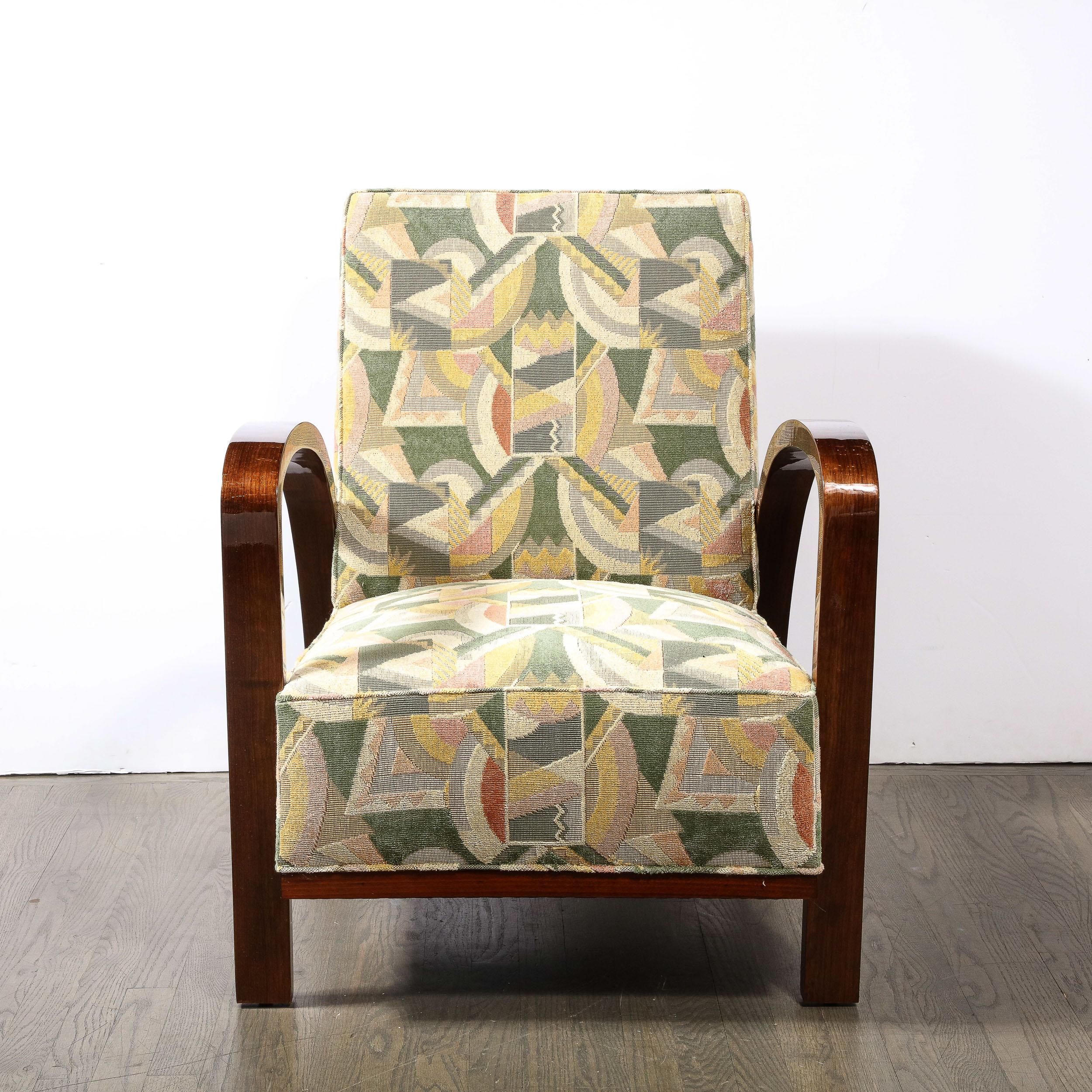 French Pair of Art Deco Halabala Arm Chairs in Walnut & Rare Clarence House Fabric For Sale
