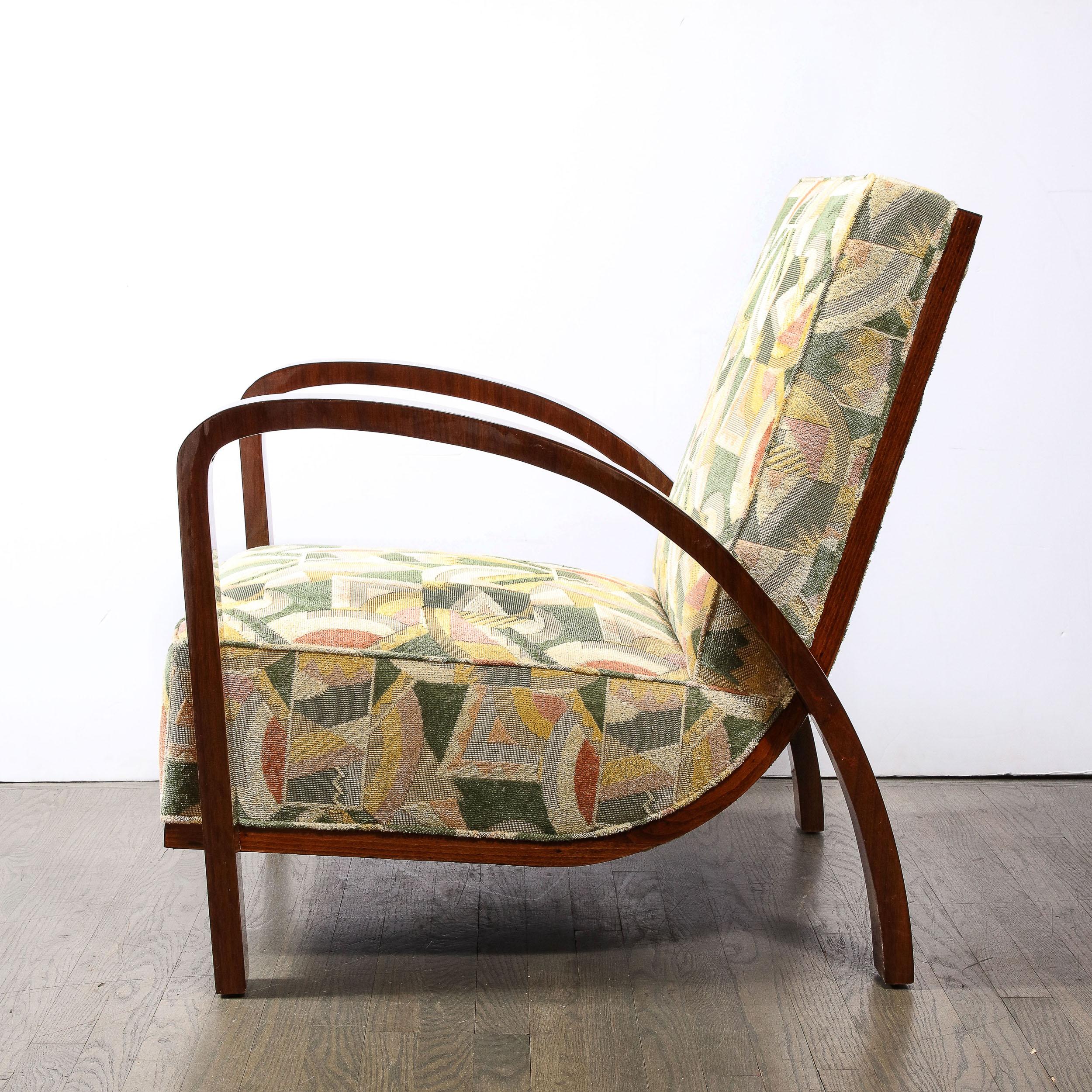 Mid-20th Century Pair of Art Deco Halabala Arm Chairs in Walnut & Rare Clarence House Fabric For Sale