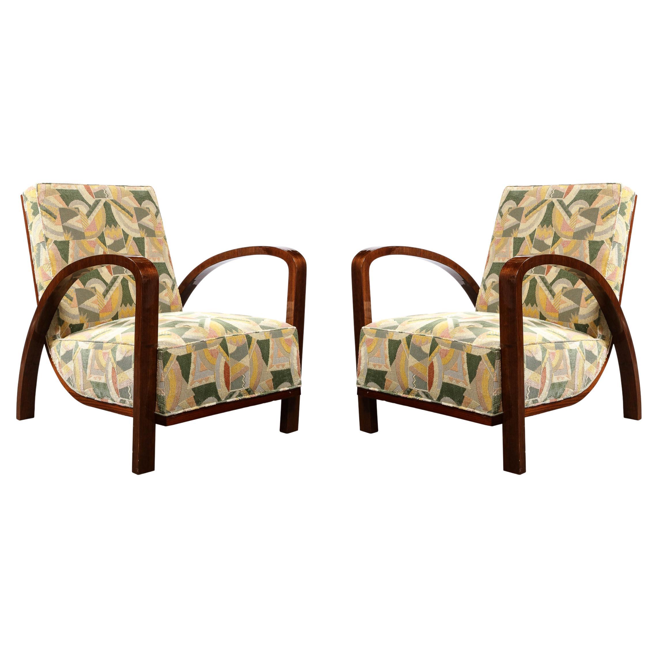Pair of Art Deco Halabala Arm Chairs in Walnut & Rare Clarence House Fabric For Sale