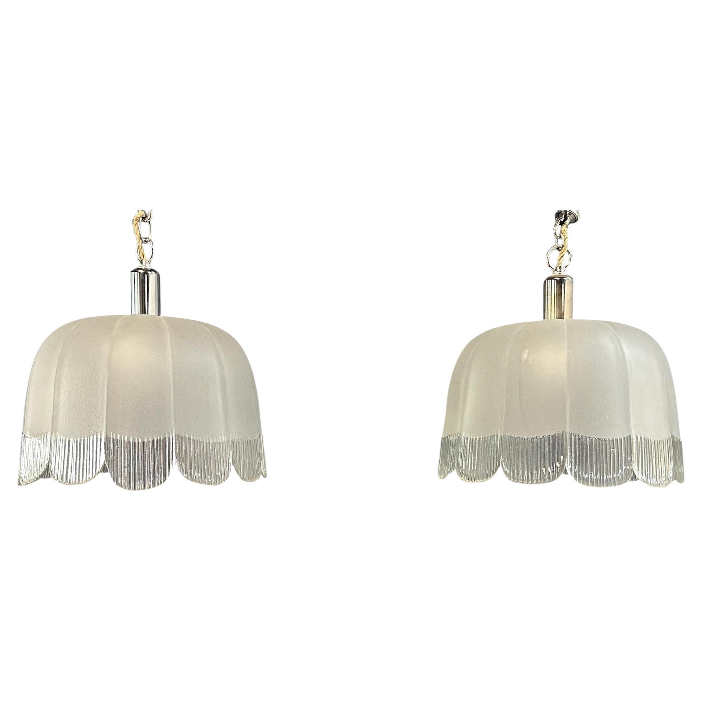 Pair of Art Deco Hand-Blown Glass Pendants with Scalloped Detailing 1930s France For Sale