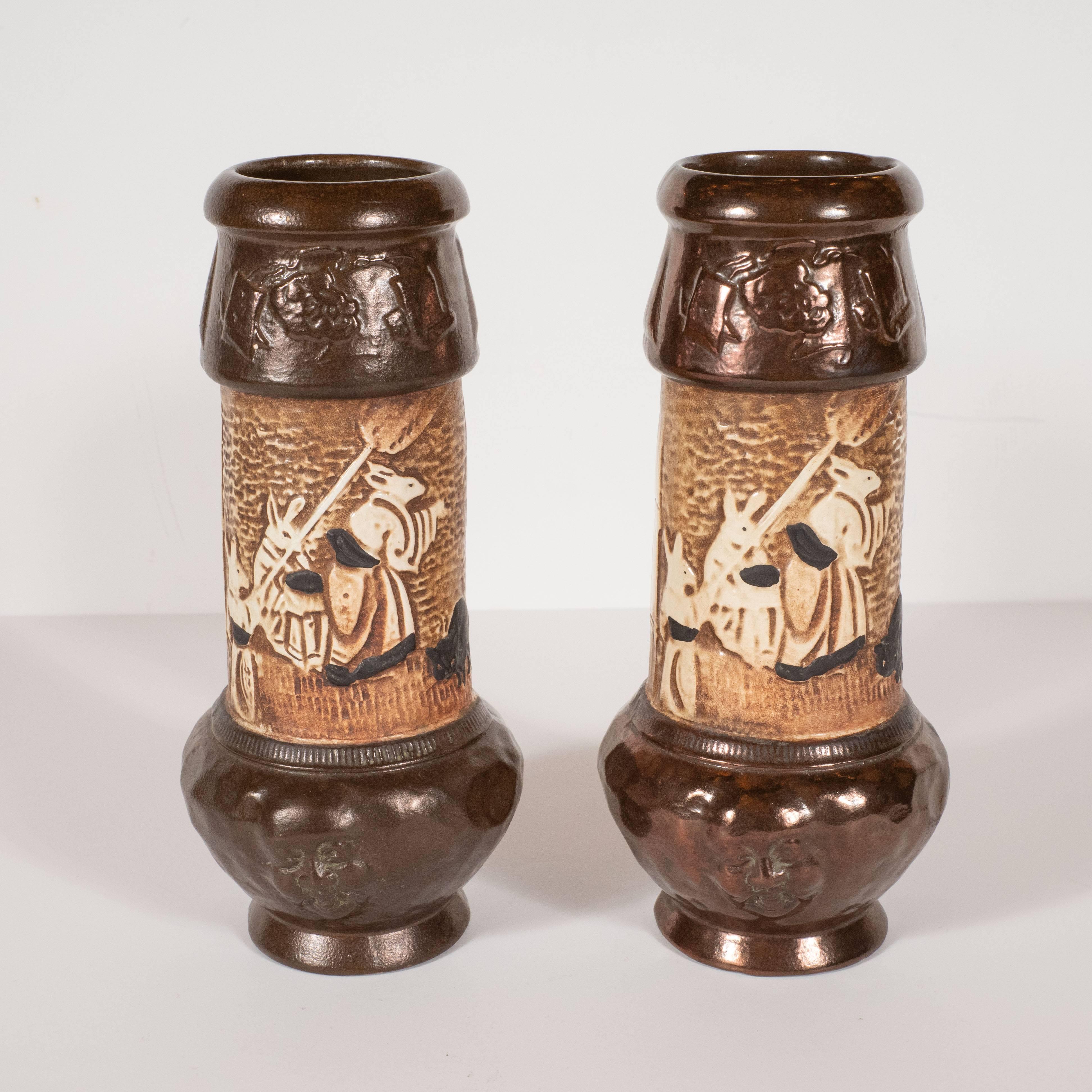English Pair of Art Deco Hand-Painted Ceramic Vases with Orientalist Motifs by Bretby For Sale