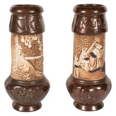 Pair of Art Deco Hand-Painted Ceramic Vases with Orientalist Motifs by Bretby