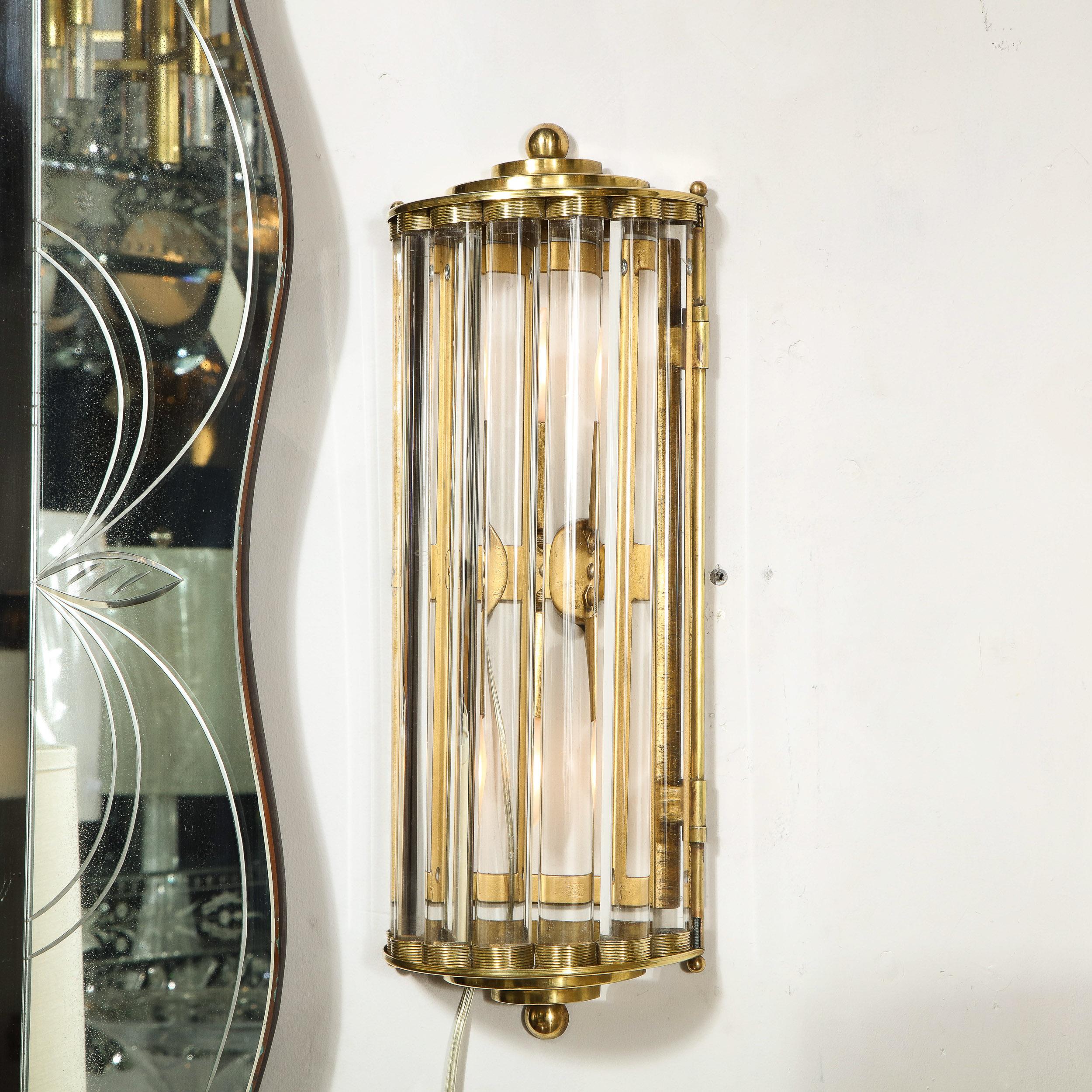 Pair of Art Deco Handblown Murano Glass Rod and Brass Sconces Signed by Venini  In Excellent Condition For Sale In New York, NY