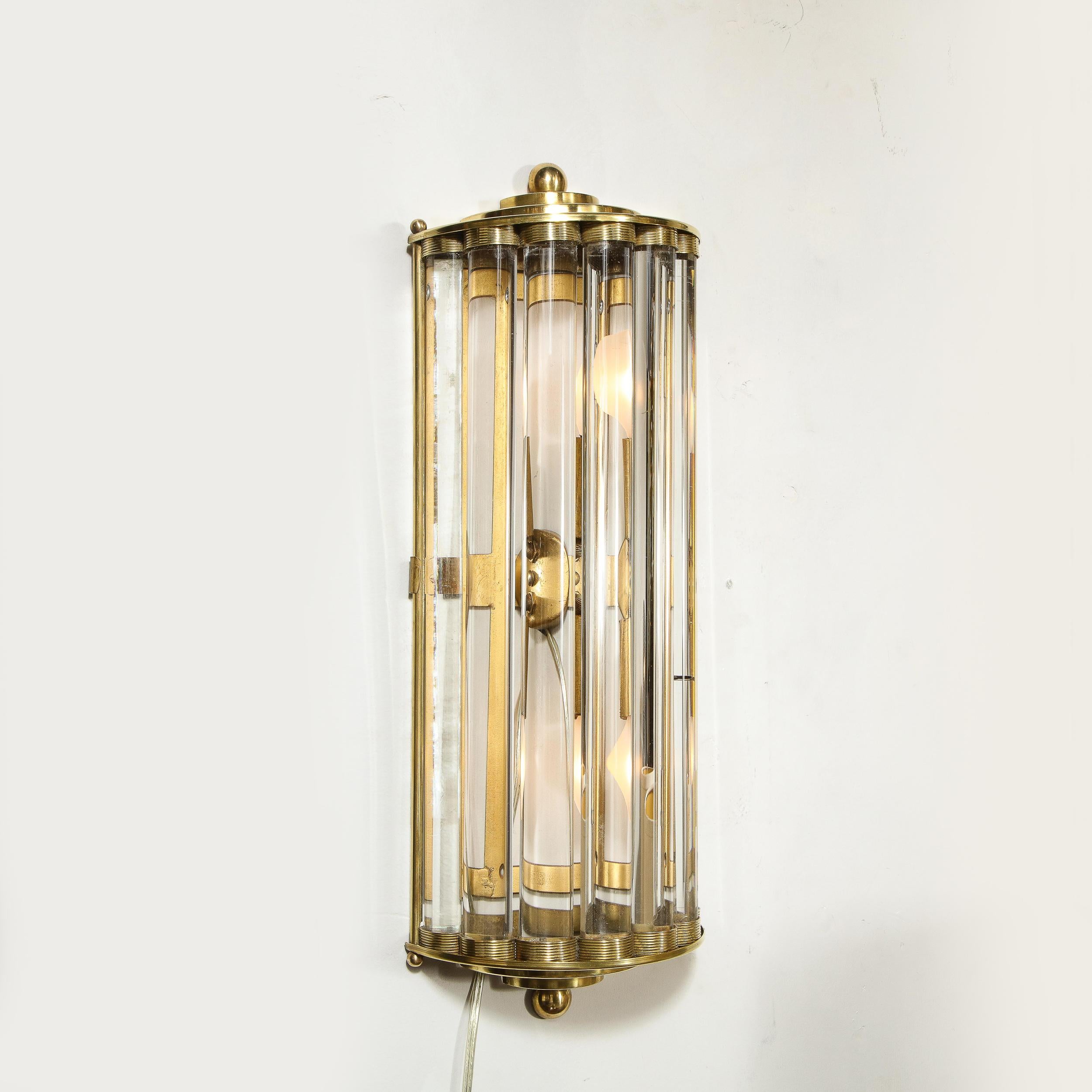 Mid-20th Century Pair of Art Deco Handblown Murano Glass Rod and Brass Sconces Signed by Venini  For Sale