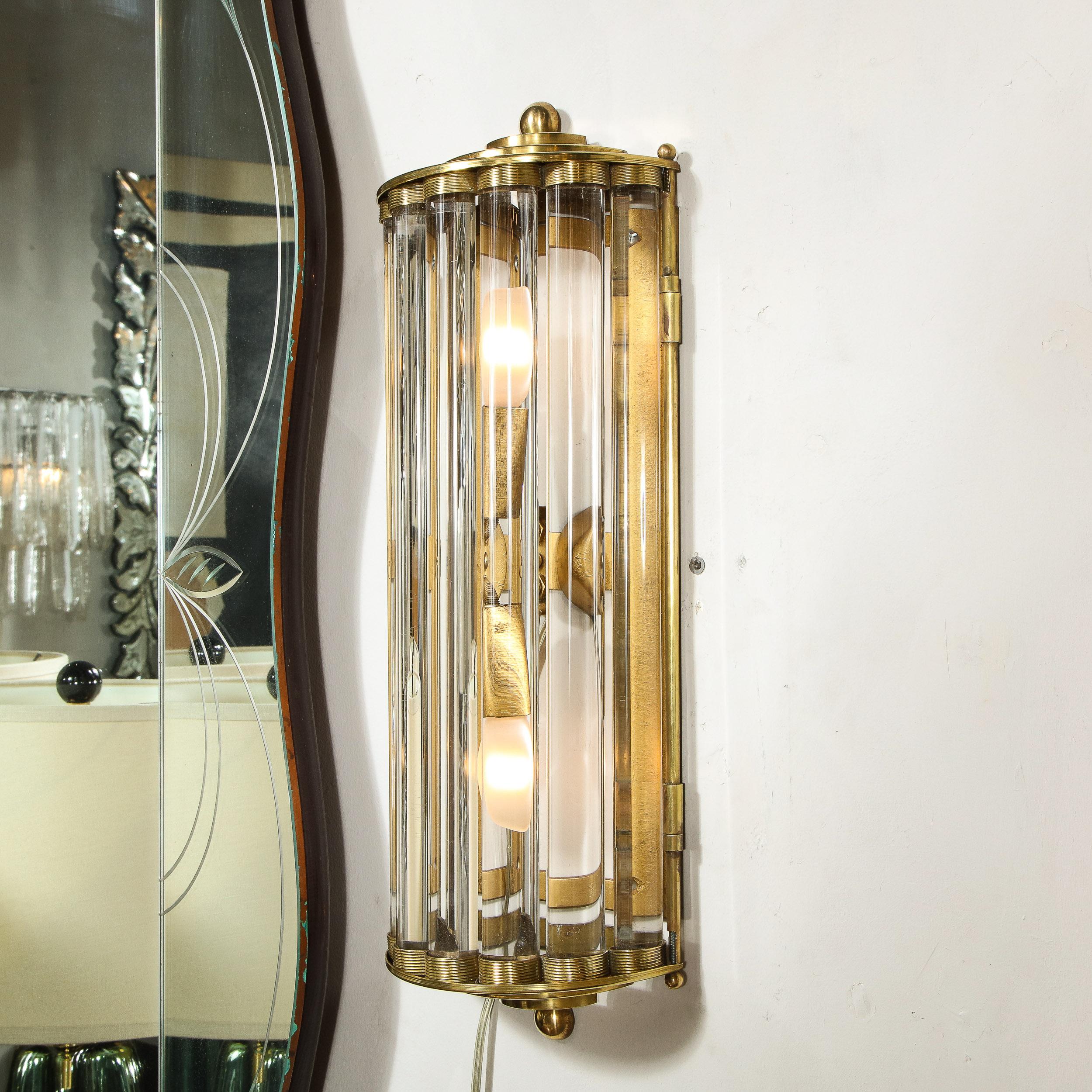Pair of Art Deco Handblown Murano Glass Rod and Brass Sconces Signed by Venini  For Sale 3