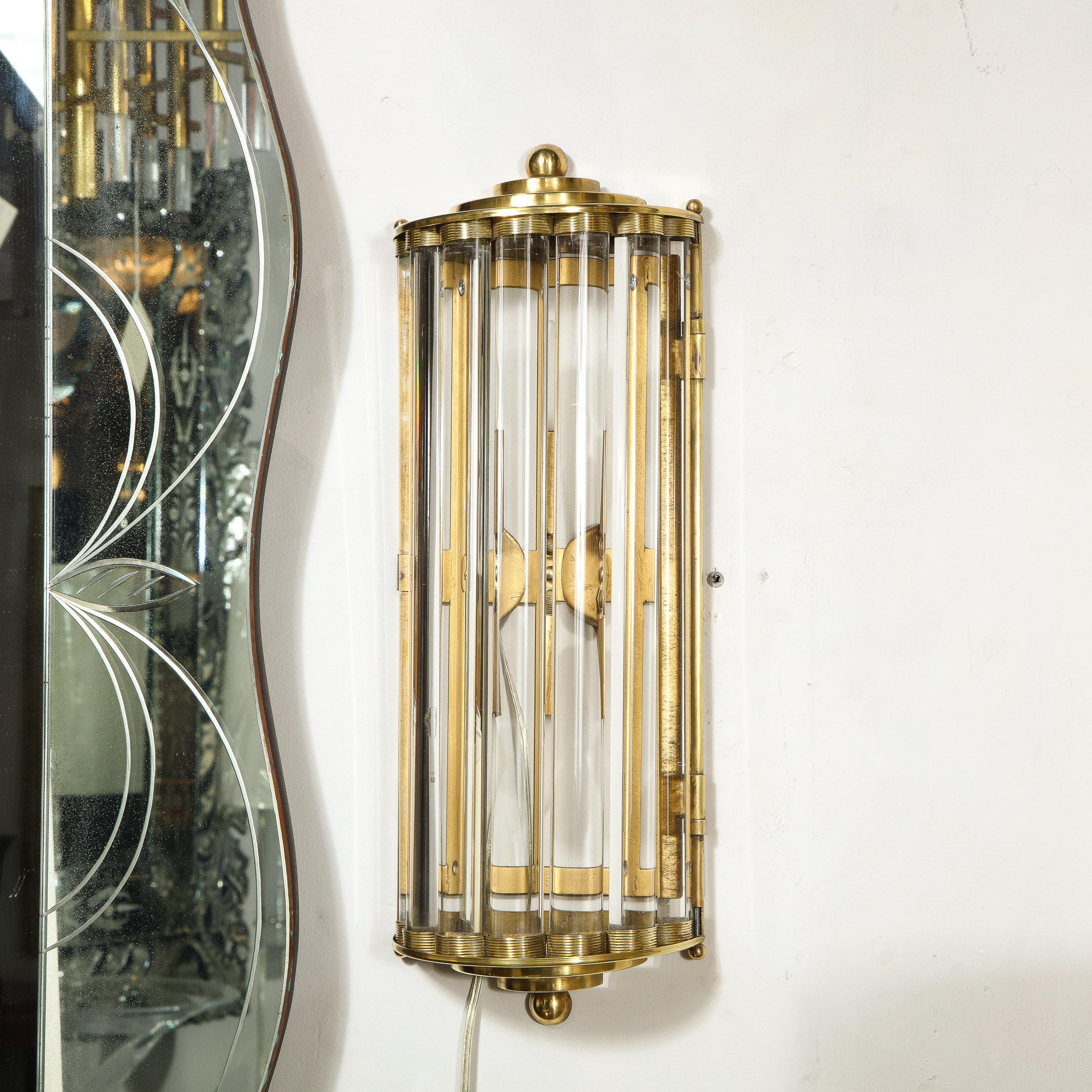 Pair of Art Deco Handblown Murano Glass Rod and Brass Sconces Signed by Venini  For Sale 4