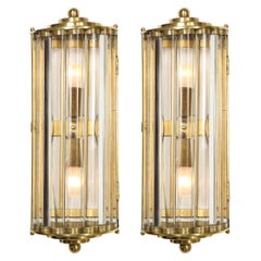 Pair of Art Deco Handblown Murano Glass Rod and Brass Sconces Signed by Venini