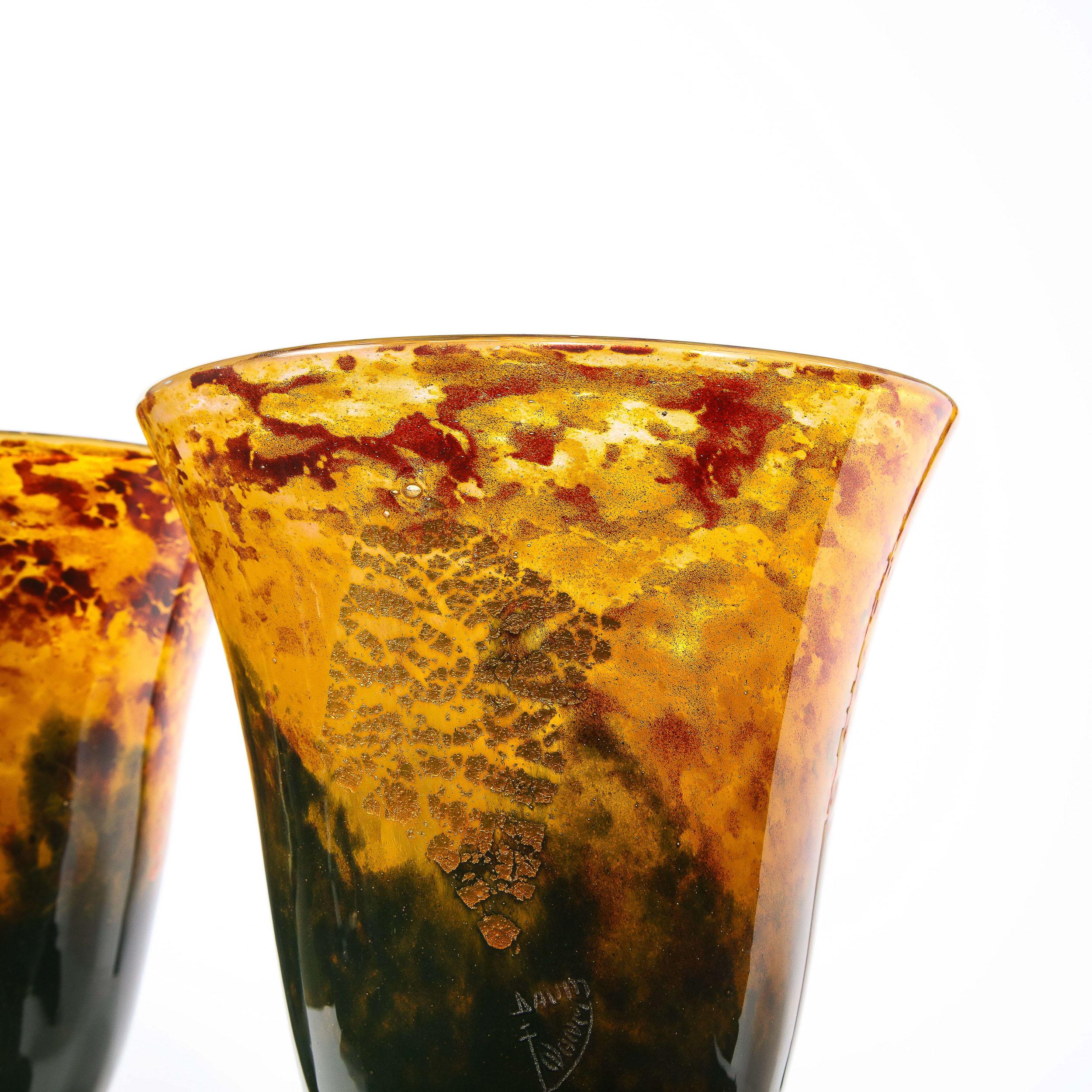 Pair of Art Deco Handblown Ruby, Saffron & Emerald Vases Signed Daum Nancy 5