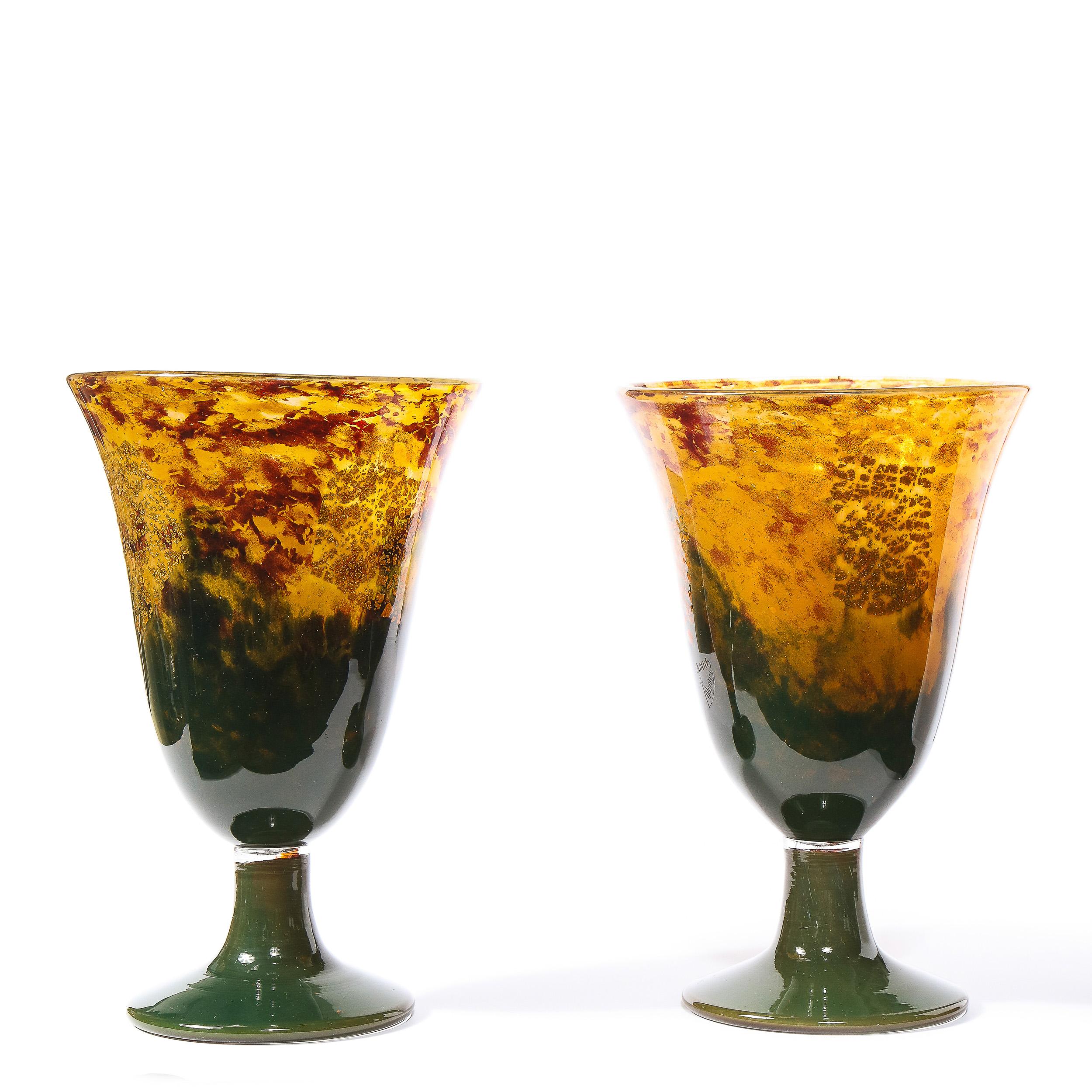 Pair of Art Deco Handblown Ruby, Saffron & Emerald Vases Signed Daum Nancy In Excellent Condition In New York, NY