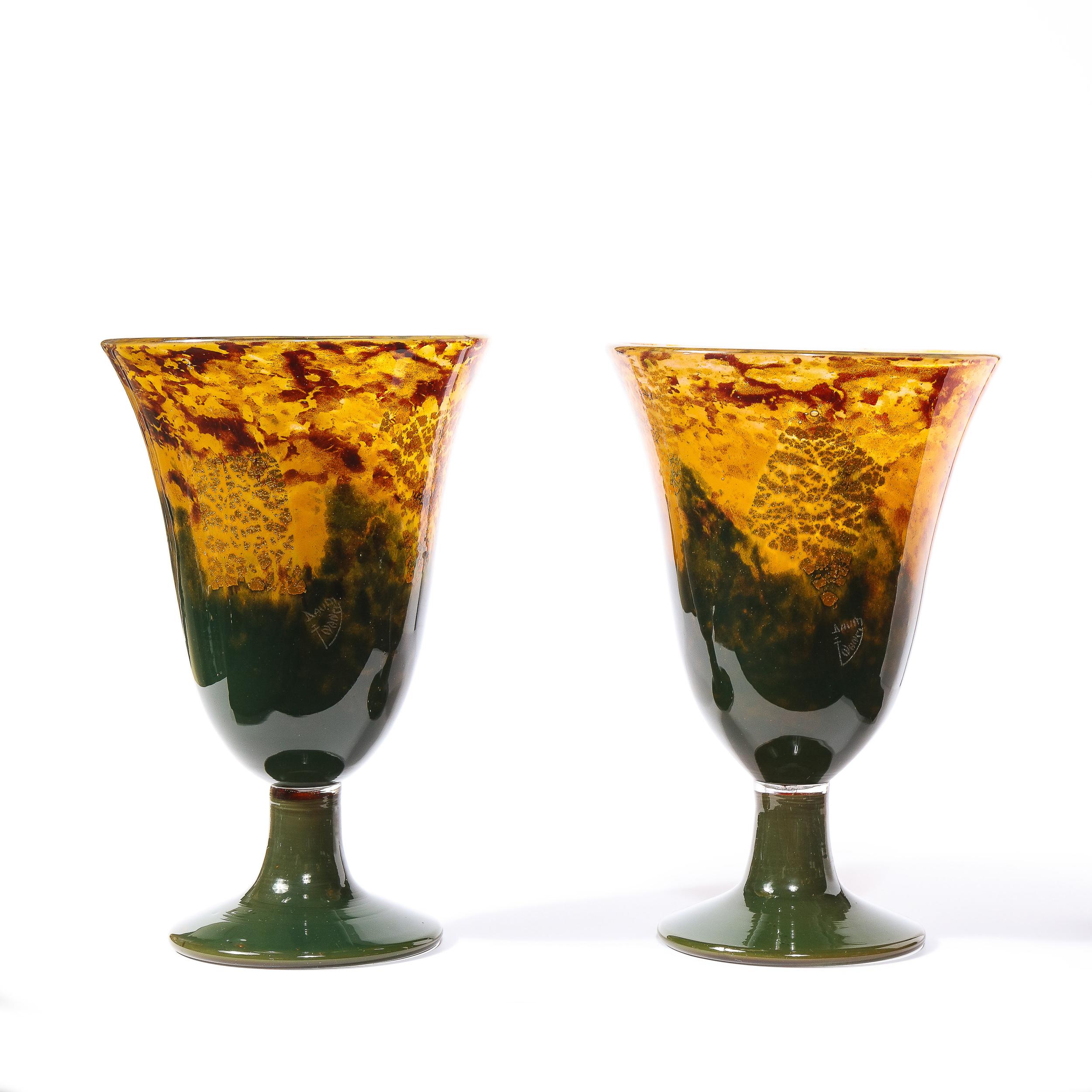 Early 20th Century Pair of Art Deco Handblown Ruby, Saffron & Emerald Vases Signed Daum Nancy