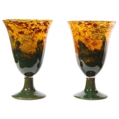 Pair of Art Deco Handblown Ruby, Saffron & Emerald Vases Signed Daum Nancy