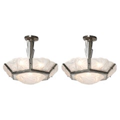 Pair of Art Deco Hexagonal Frosted Glass & Nickeled Bronze Chandeliers by Degue