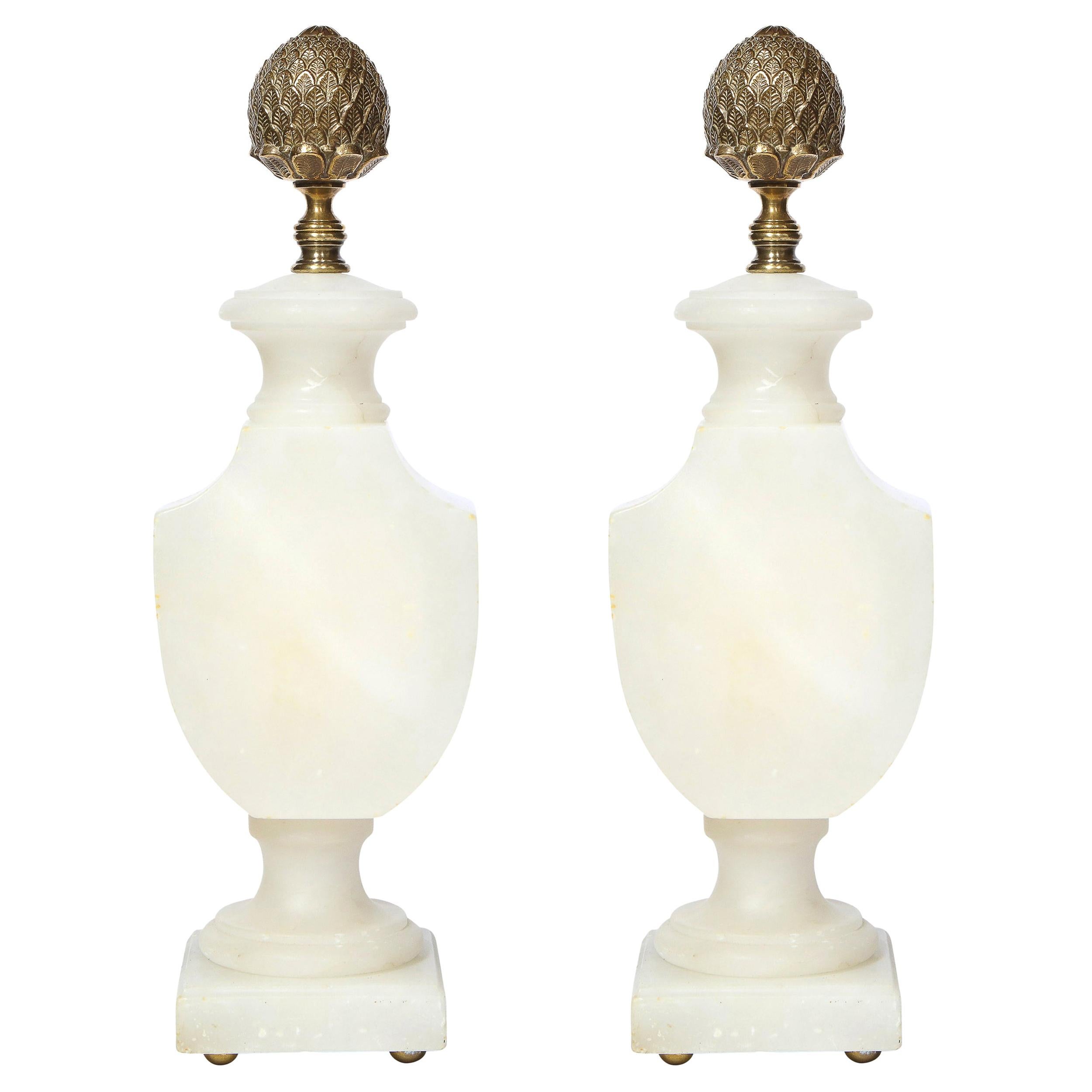 Pair of Art Deco Hollywood Alabaster Table Lamps w/ Bronze Pommes de Pin Finials For Sale