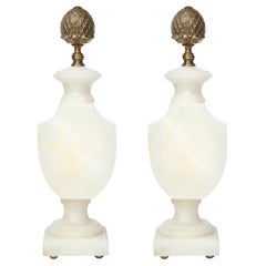 Pair of Art Deco Hollywood Alabaster Table Lamps w/ Bronze Pommes de Pin Finials