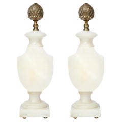 Vintage Pair of Art Deco Hollywood Alabaster Table Lamps w/ Bronze Pommes de Pin Finials