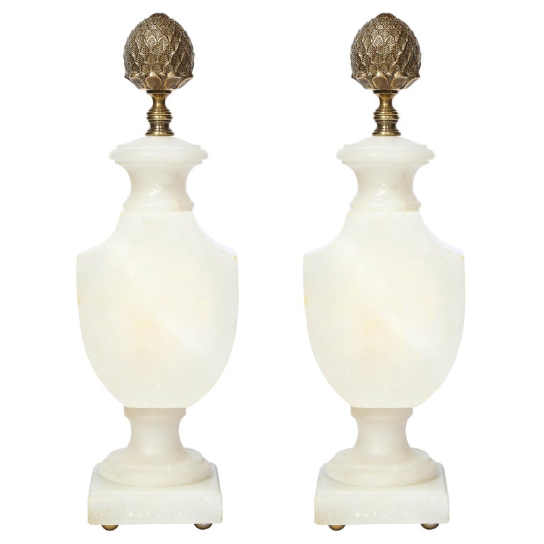 Pair of Art Deco Hollywood Alabaster Table Lamps w/ Bronze Pommes de