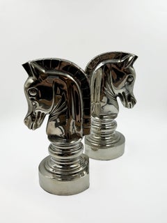 Pair of Art Deco Horse Head Bookends, Silver-Plated Metal, ca. 1930s