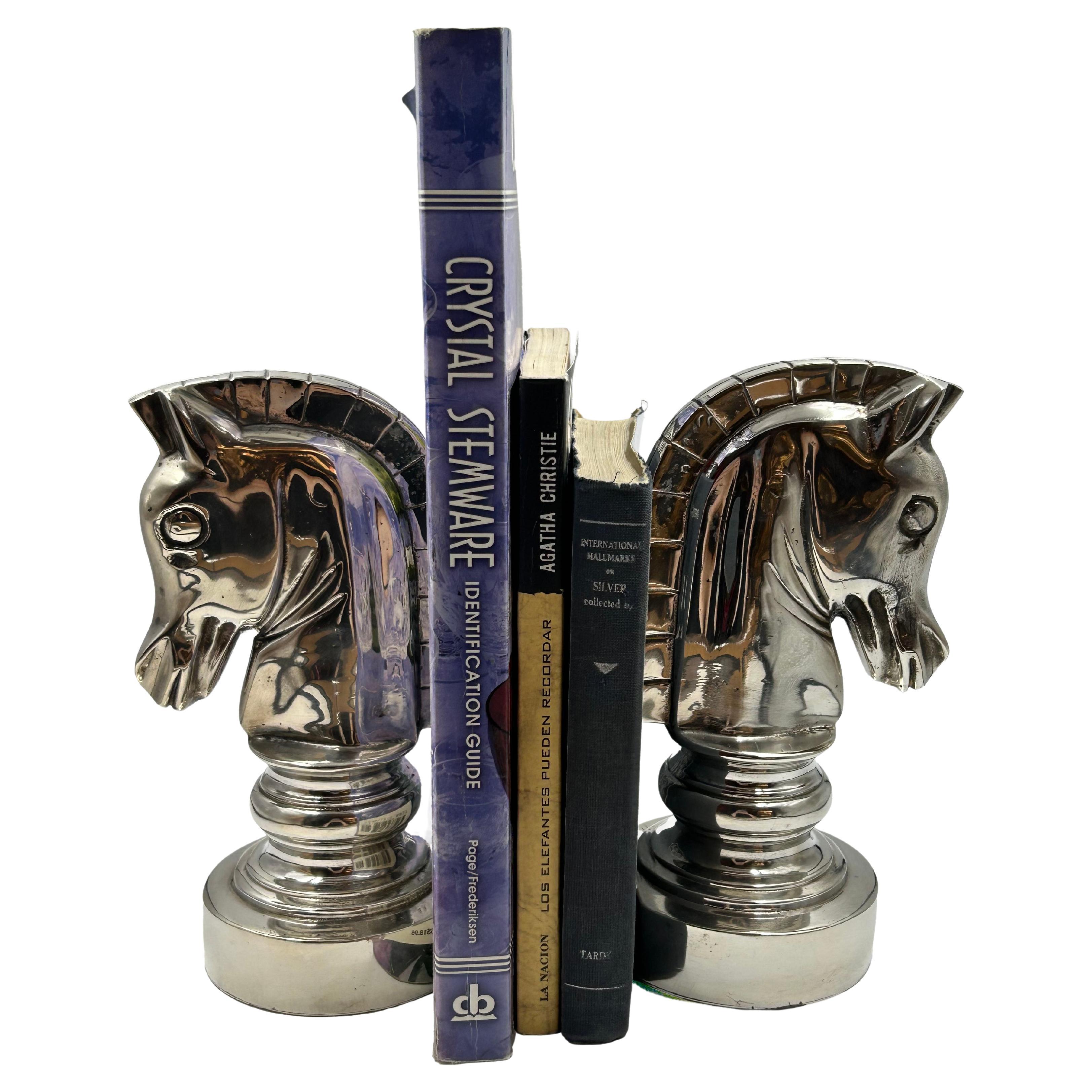 Pair of Art Deco Horse Head Bookends, Silver-Plated Metal, ca. 1930s For Sale