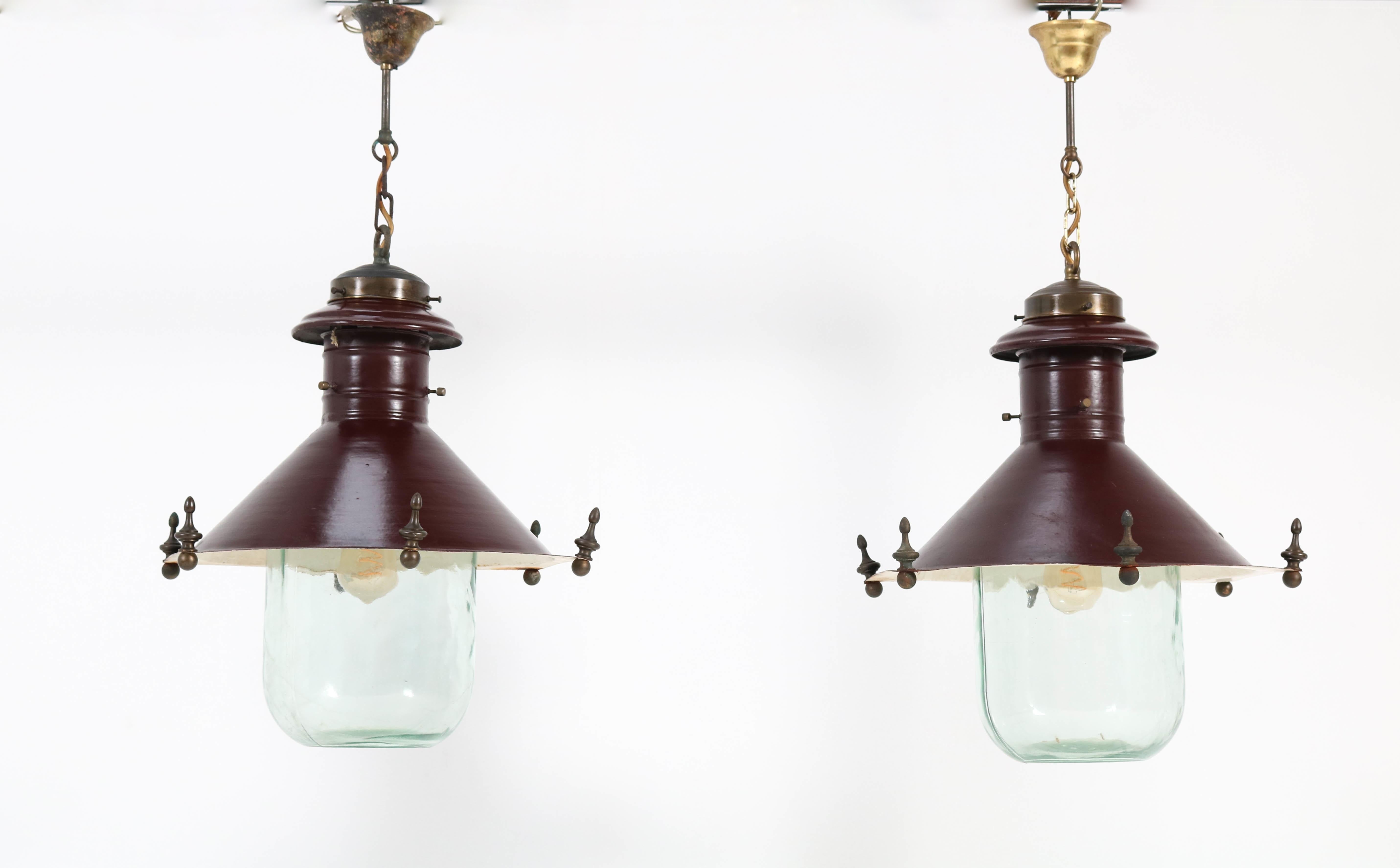 Dutch Pair of Art Deco Industrial Lanterns with Original Glass Shades, 1930s