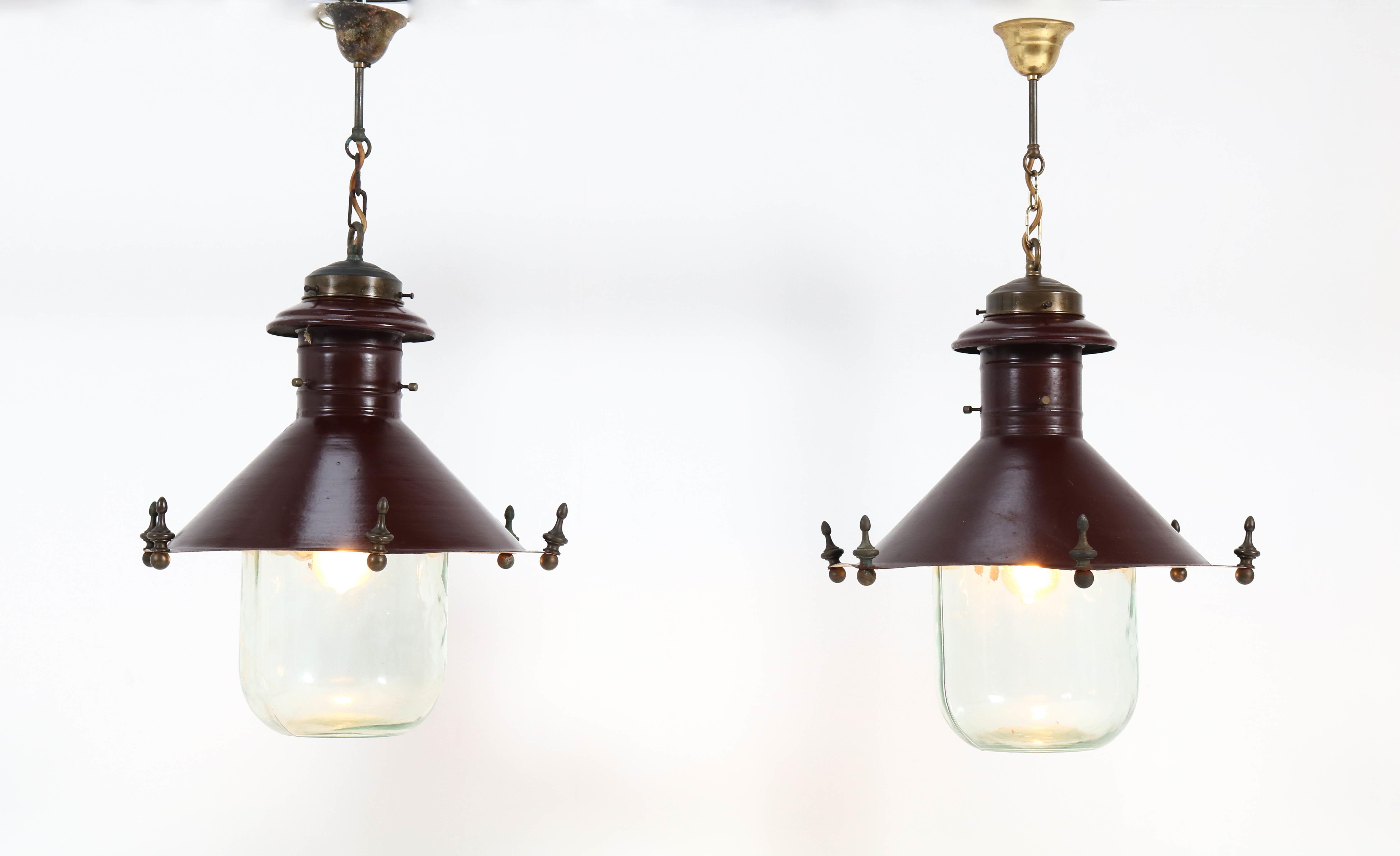Lacquered Pair of Art Deco Industrial Lanterns with Original Glass Shades, 1930s