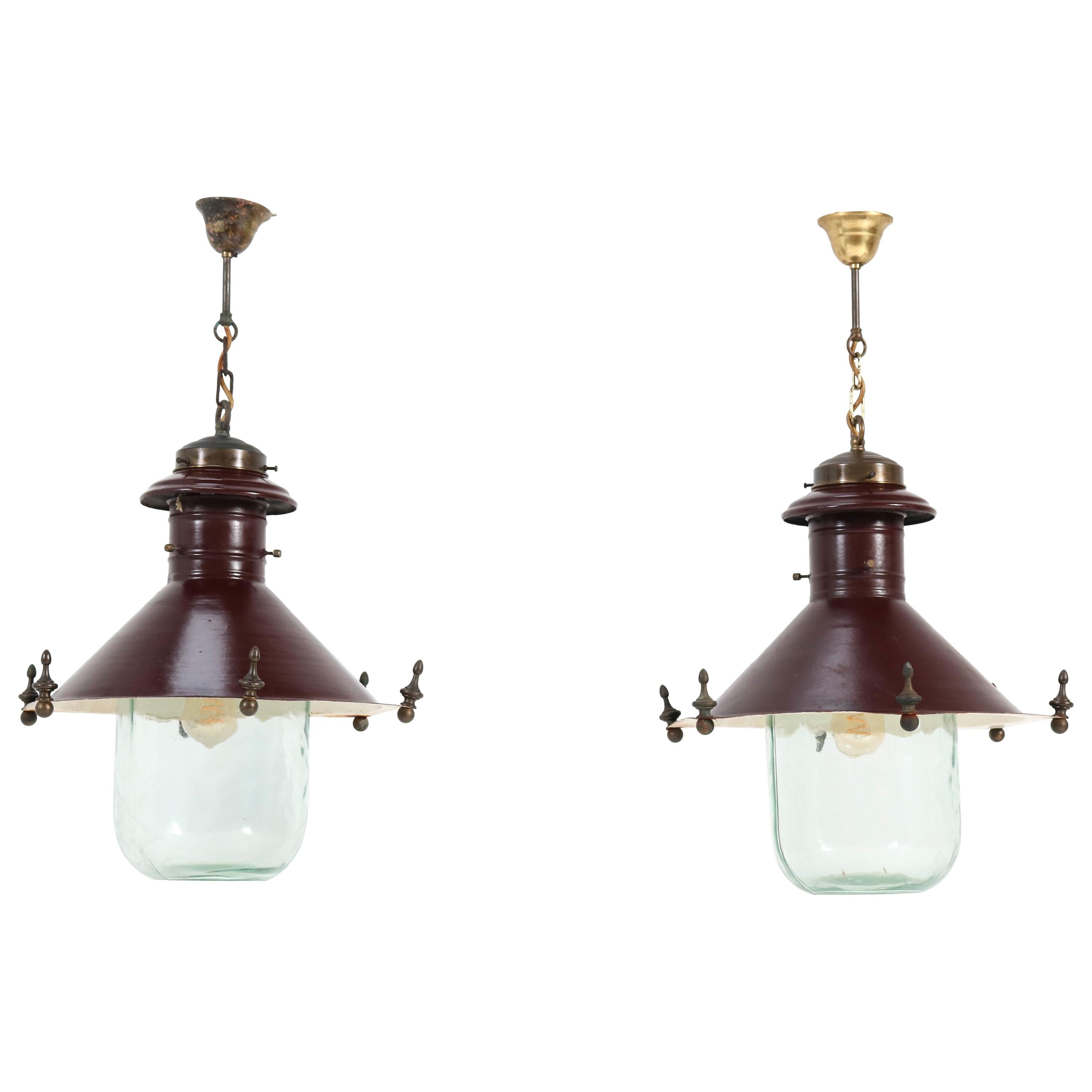 Pair of Art Deco Industrial Lanterns with Original Glass Shades, 1930s