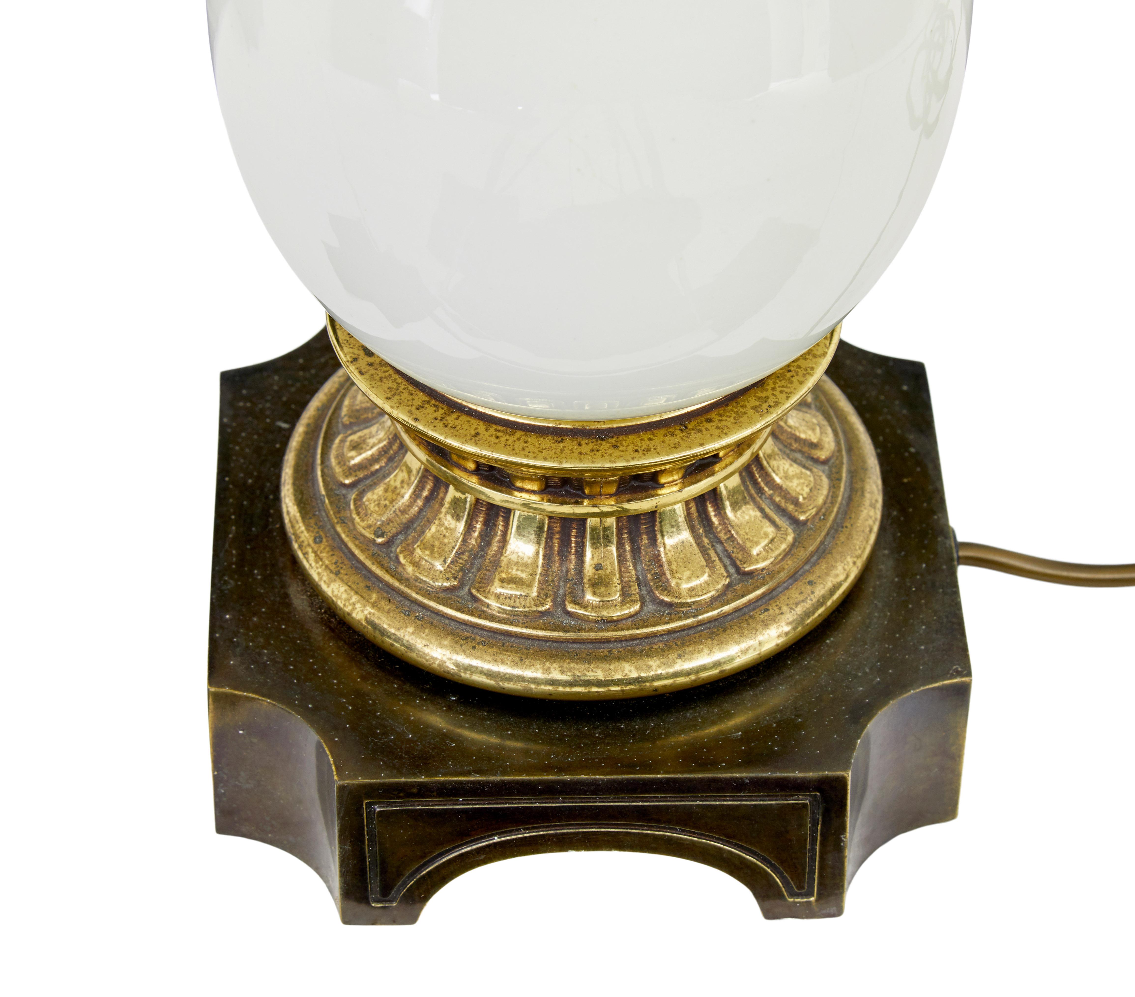 Ein Paar Art-Déco-Tischlampen aus Messing und Glas, beeinflusst von Messing (Metallarbeit) im Angebot
