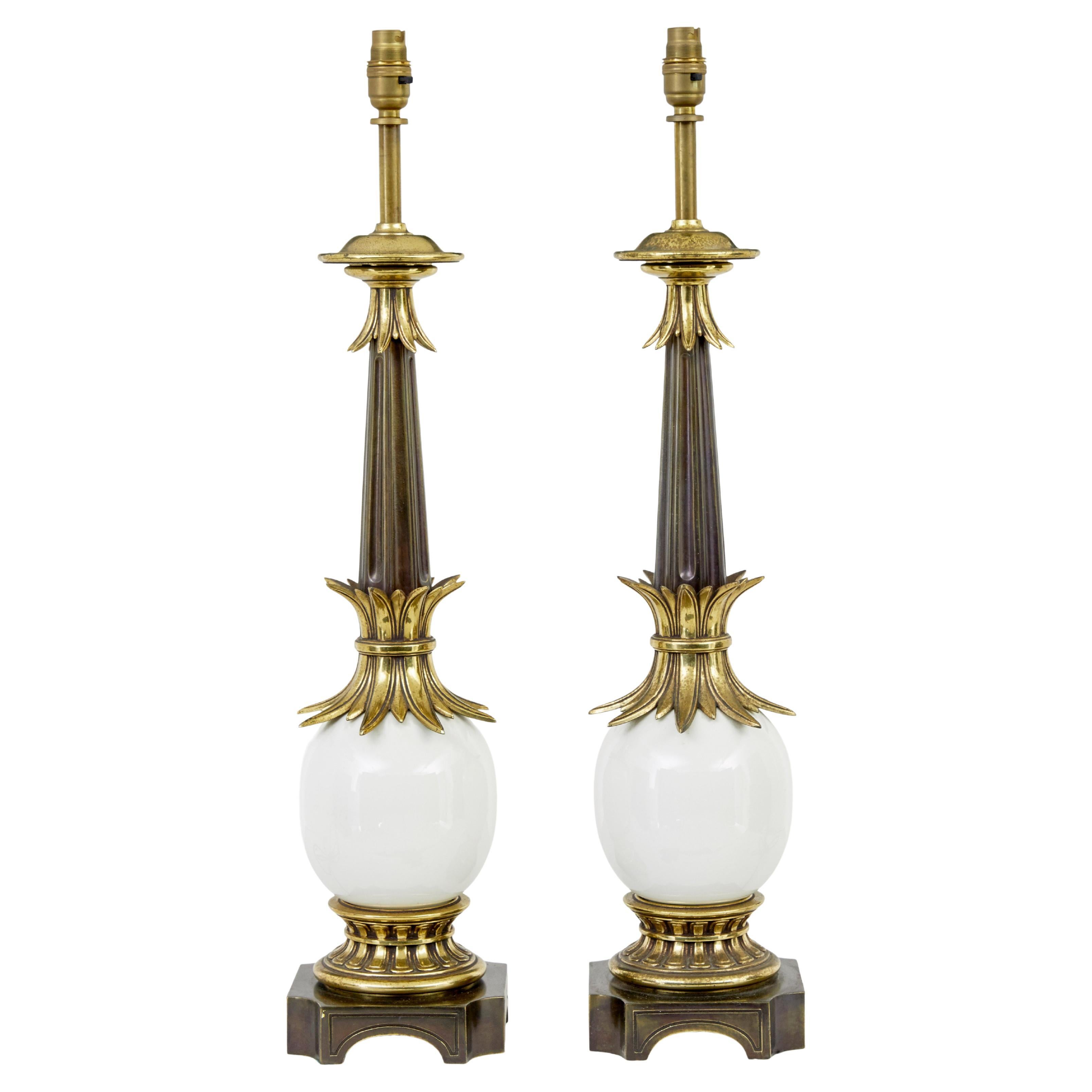 Pair of art deco influenced brass and glass table lamps For Sale