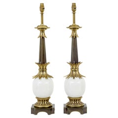 Vintage Pair of art deco influenced brass and glass table lamps