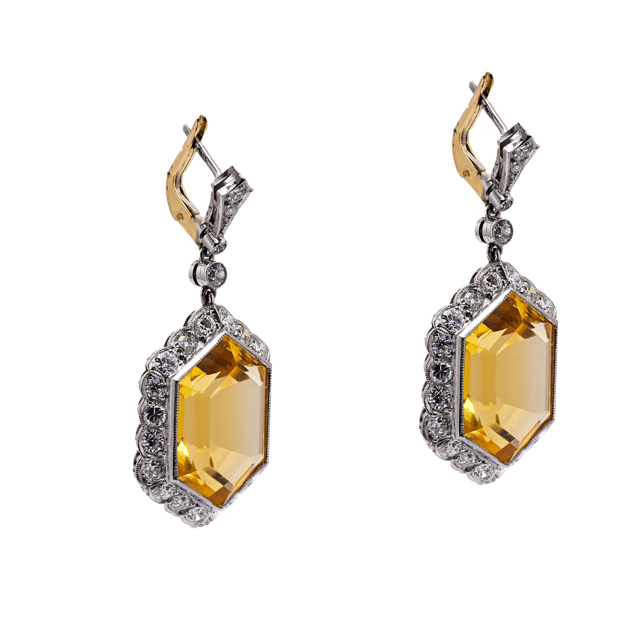 Women's or Men's Pair of Art Deco Inspired Citrine and Diamond Platinum Gold Earrings For Sale