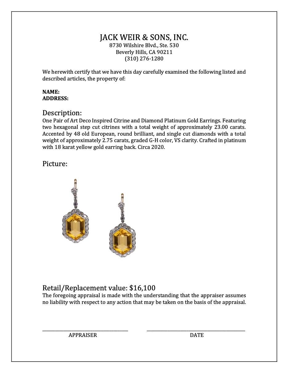 Pair of Art Deco Inspired Citrine and Diamond Platinum Gold Earrings For Sale 1