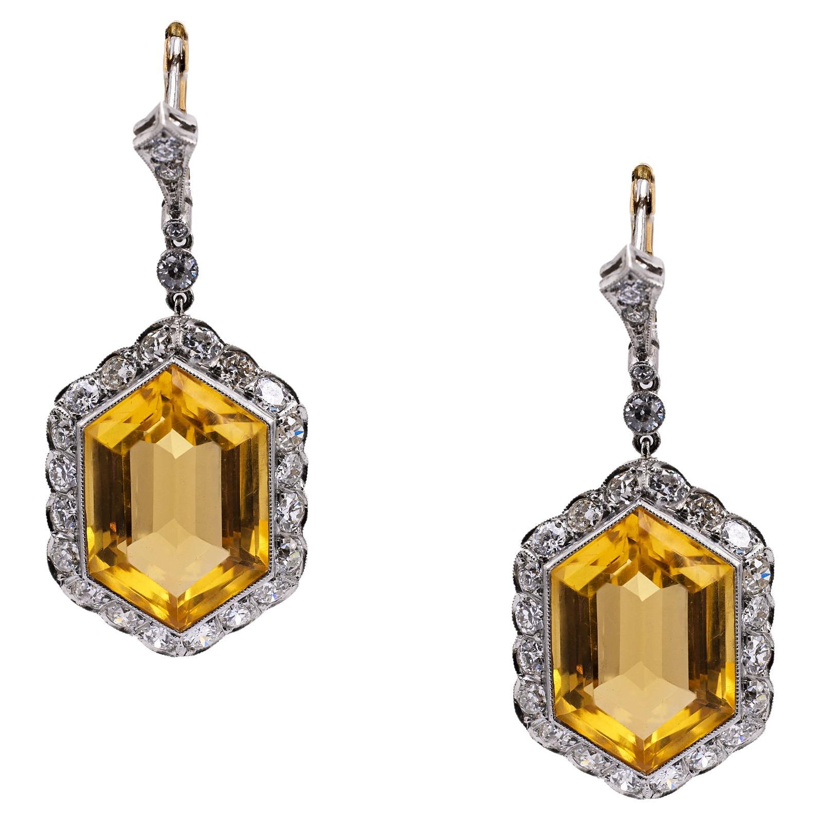 Pair of Art Deco Inspired Citrine and Diamond Platinum Gold Earrings For Sale