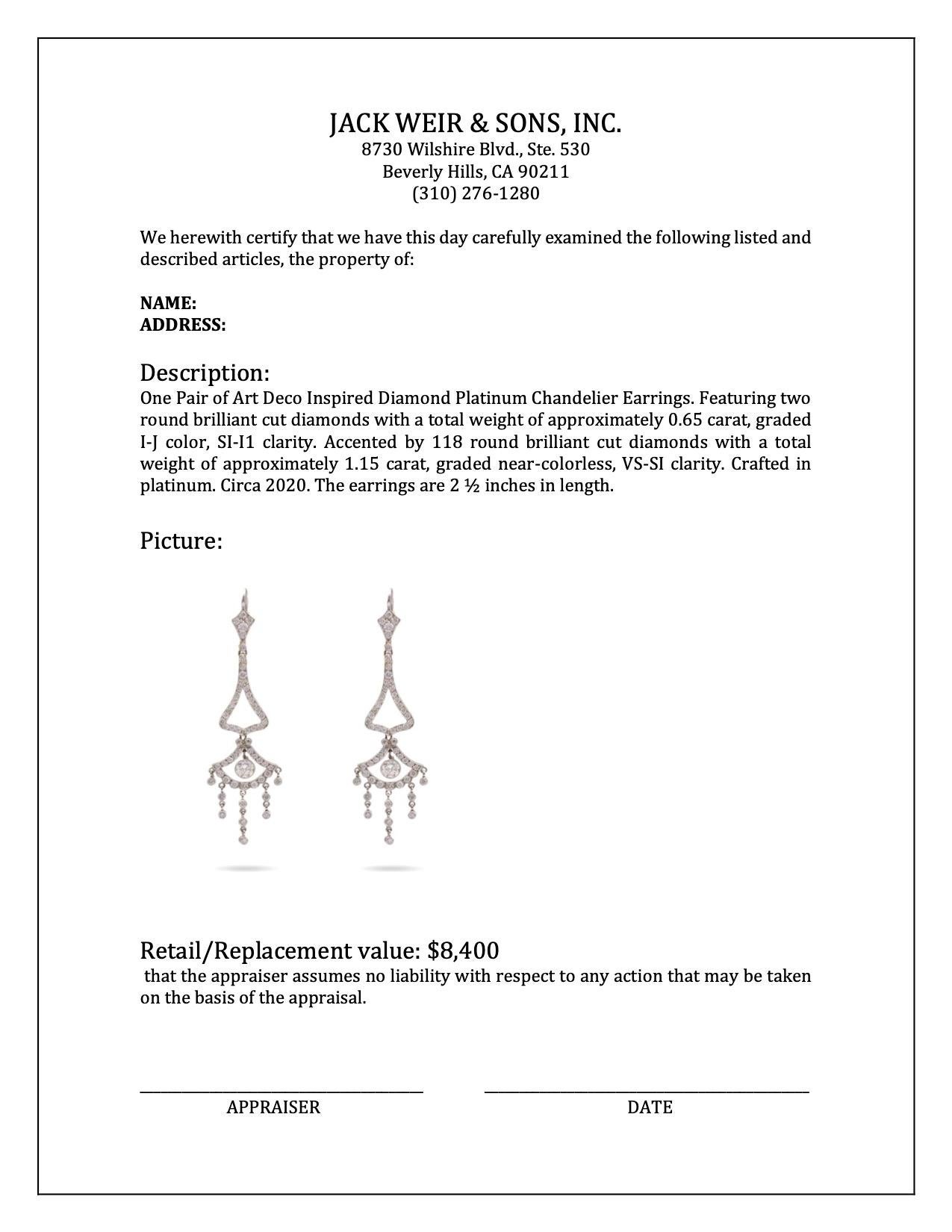 Women's or Men's Pair of Art Deco Inspired Diamond Platinum Chandelier Earrings For Sale