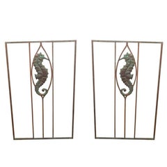 Pair of Art Deco Iron and Copper Gates with Seahorses