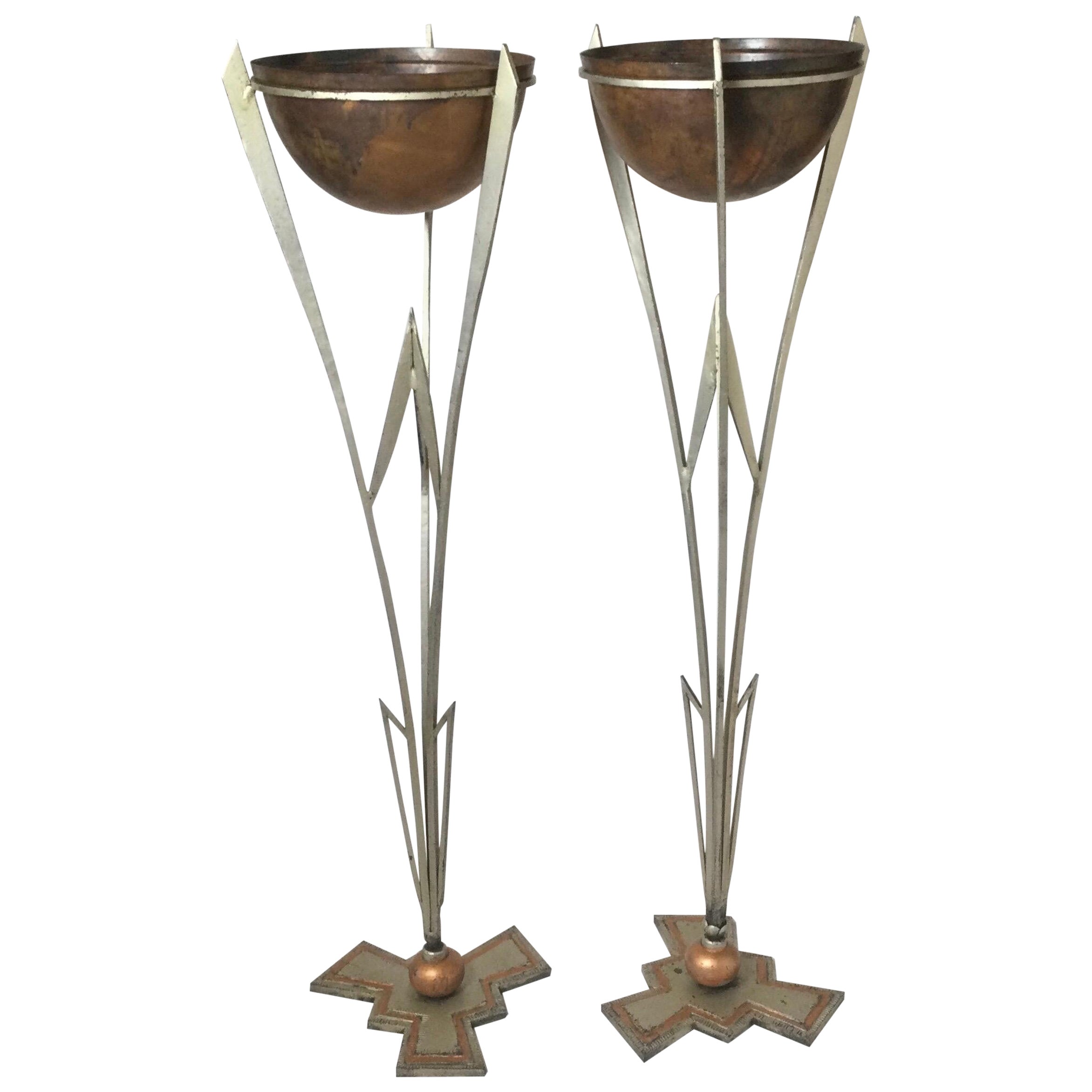 Pair of Art Deco Iron and Copper Plant Stands Attributed to Warren MacArthur