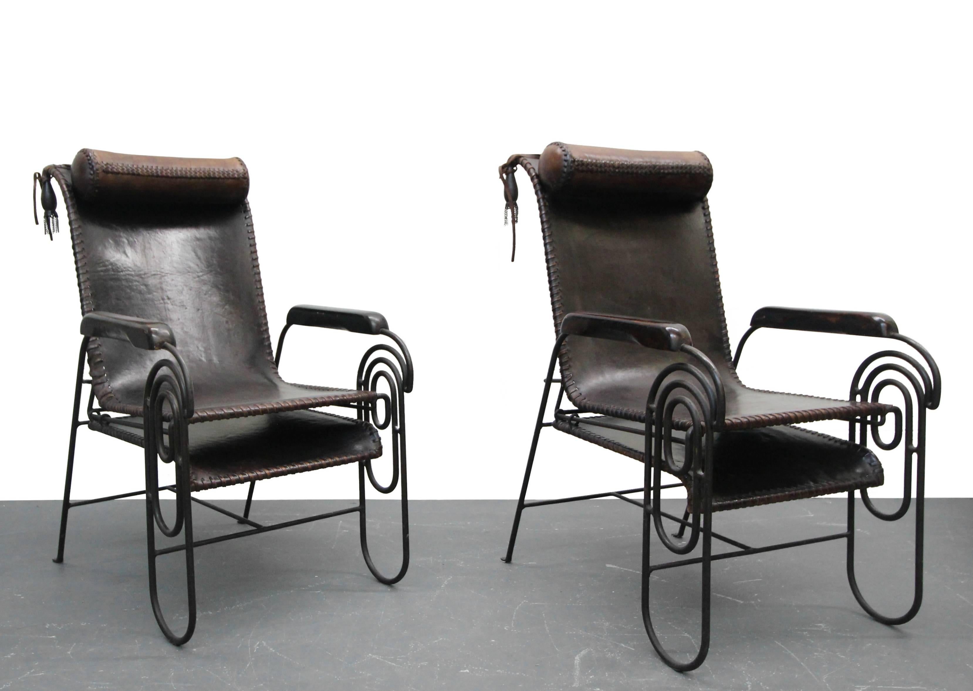 Pair of Art Deco Iron and Leather Rocking Lounge Chairs 1