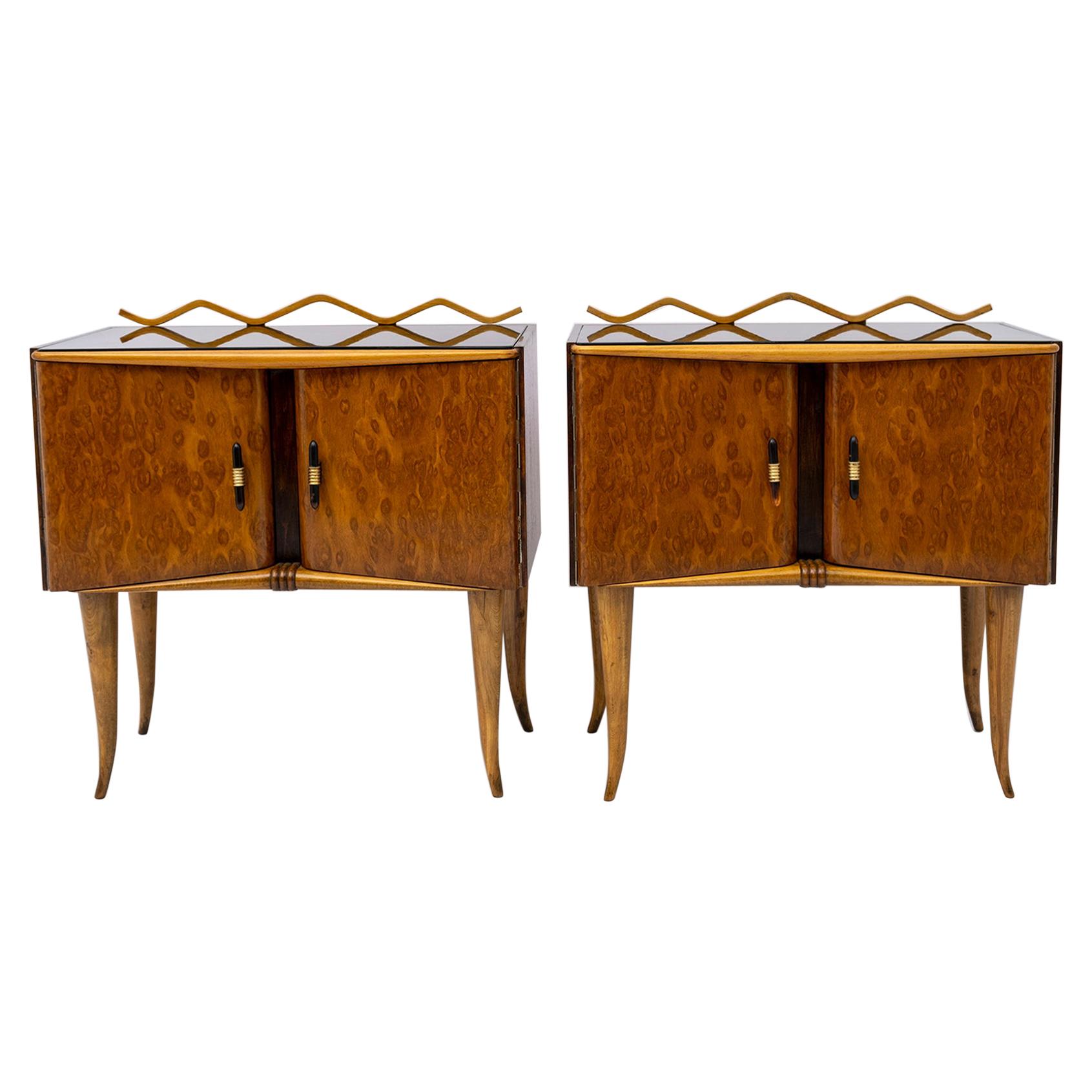 Pair of Art Deco Italian Ash Briar and Walnut Bedside Tables, 1920s