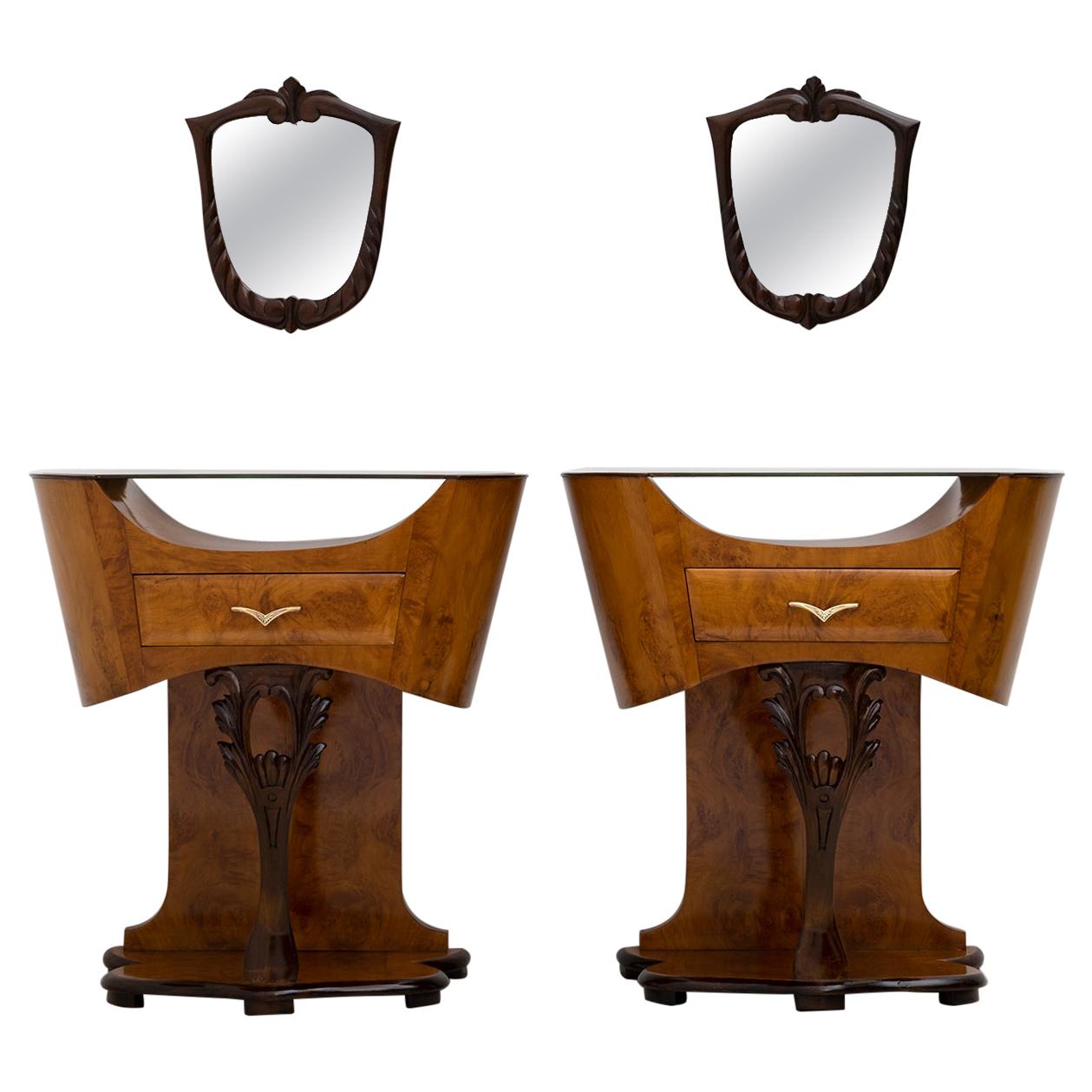 Pair of Art Deco Italian Briar Walnut Bedside Tables, 1920s