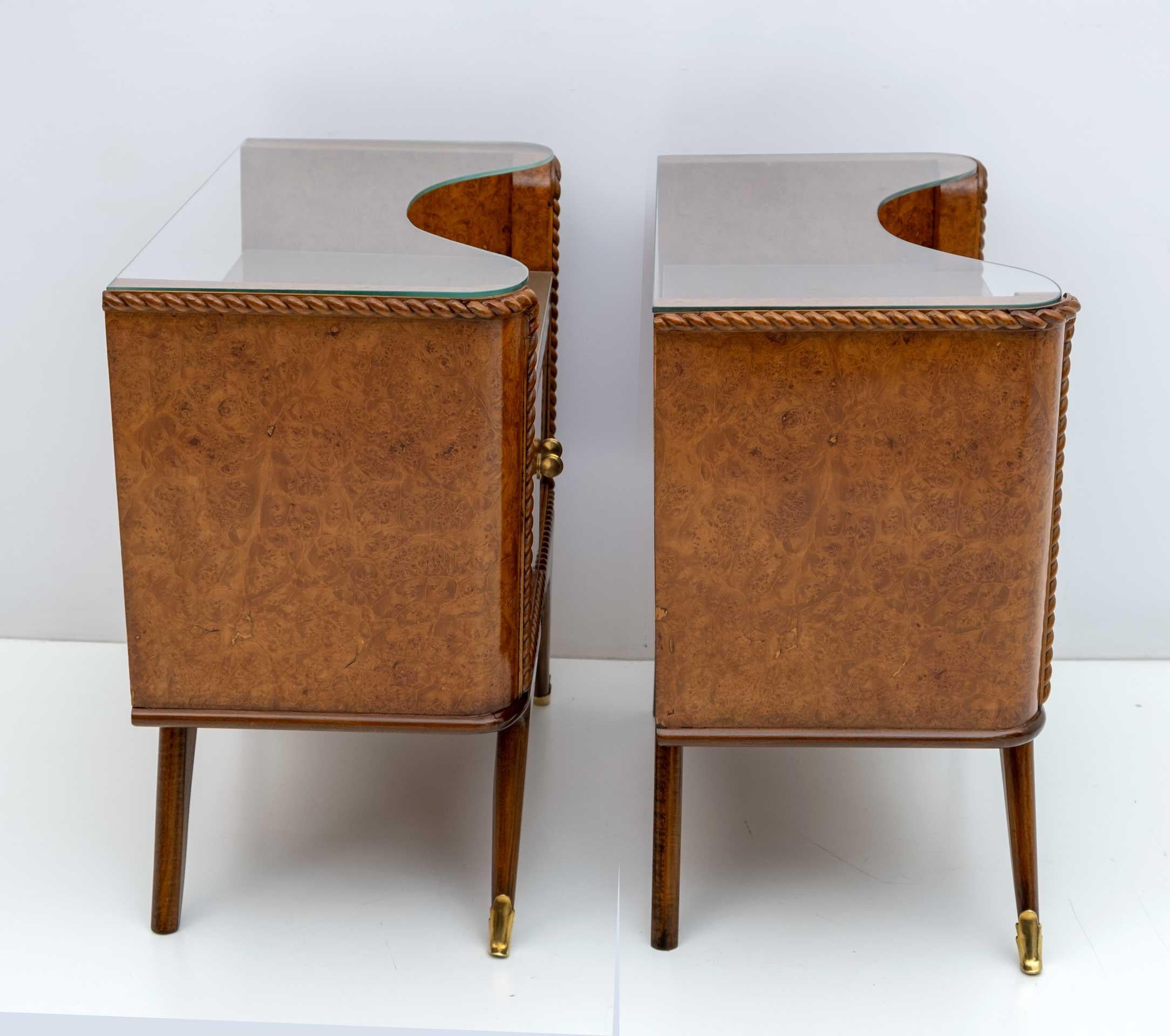 Brass Pair of Art Deco Italian Briar Walnut Bedside Tables, 1930s For Sale