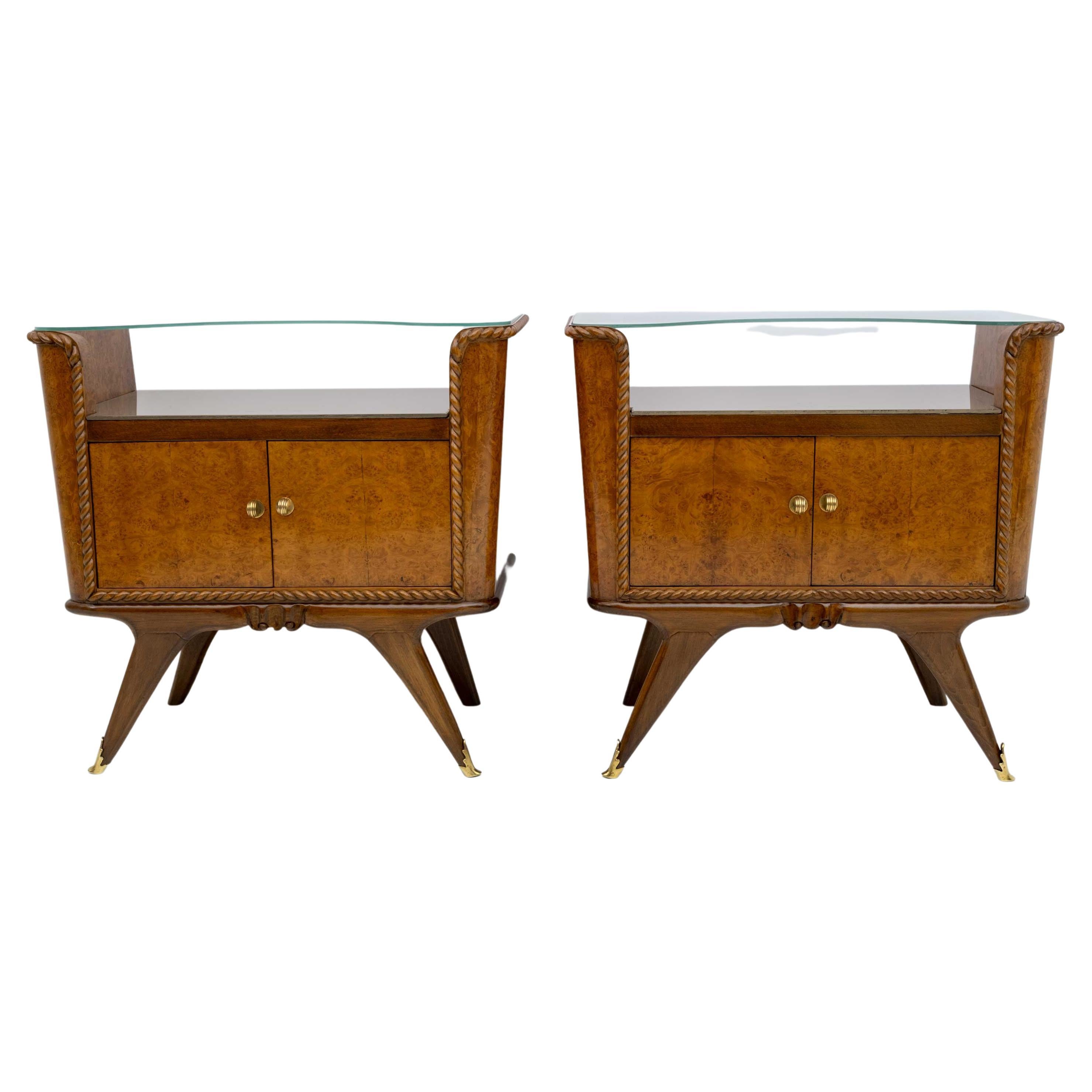 Pair of Art Deco Italian Briar Walnut Bedside Tables, 1930s For Sale