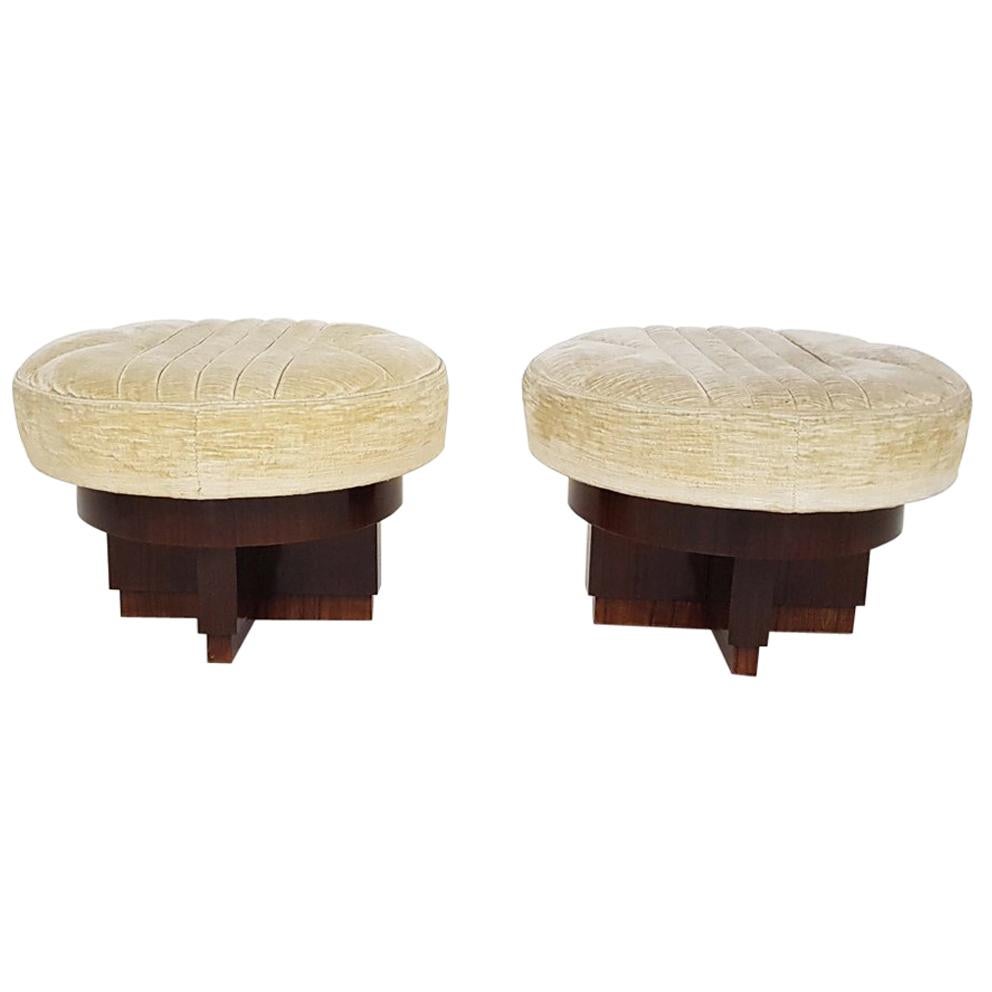 Pair of Art Deco Italian Mahogany Ottomans, Poufs or Stools, Italy, 1930s