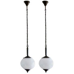 Pair of Art Deco Italian Opaline Glass and Brass Pendants, 1940-1949