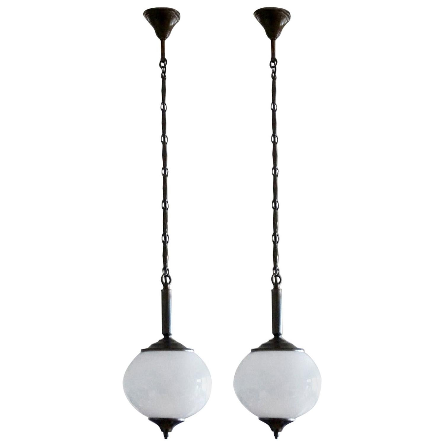 Pair of Art Deco Italian Opaline Glass and Brass Pendants, 1940-1949