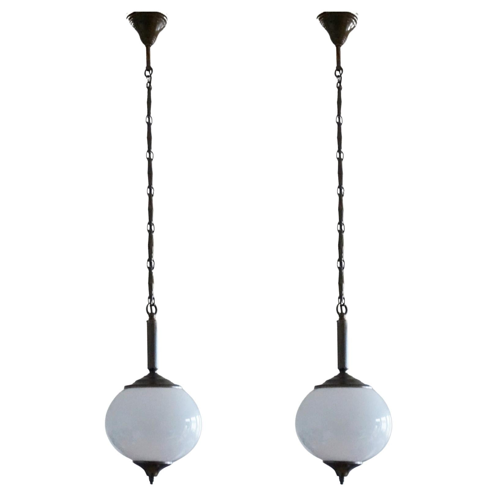 Pair of Art Deco Italian Opaline Glass and Brass Pendants, 1940-1949