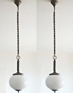 Pair of Art Deco Italian Opaline Glass and Brass Pendants, 1950-1959