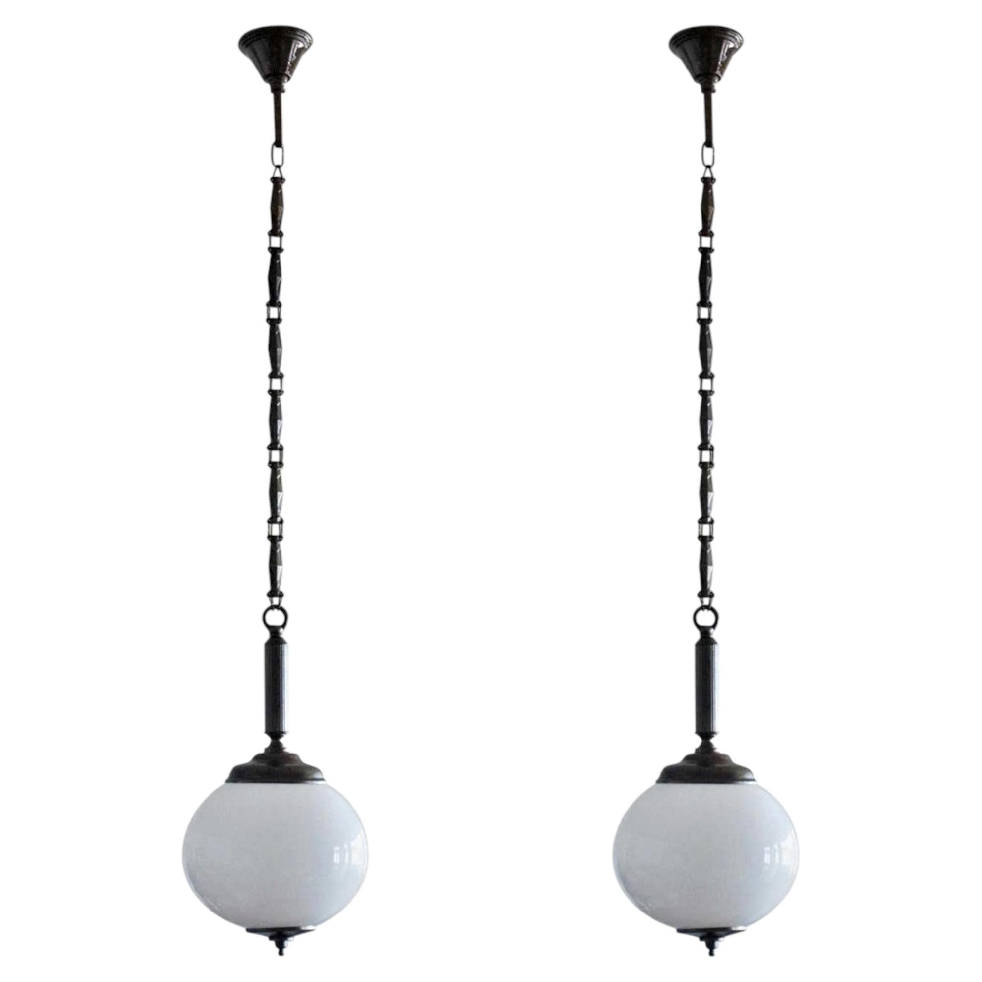 Pair of Art Deco Italian Opaline Glass and Brass Pendants, 1950-1959