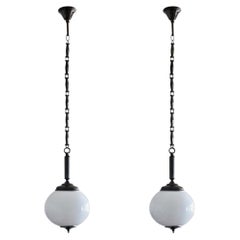Coppia di pendenti in vetro opalino e ottone Art Deco, 1950-1959